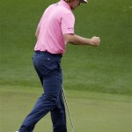Brandt Snedeker pumps his fist after a birdie putt on the eighth green during the fourth round of the Masters golf tournament Sunday, April 14, 2013, in Augusta, Ga. (AP Photo/Matt Slocum)