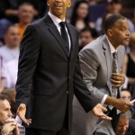  New Orleans Pelicans coach Monty Williams reacts to a call during the first half of an NBA basketball game against the Phoenix Suns, Friday, Feb. 28, 2014, in Phoenix. (AP Photo/Matt York)