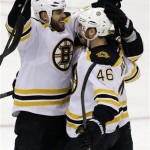 Boston Bruins' David Krejci (46) celebrates his goal with teammate Nathan Horton (18) in the first period of Game 1 of the NHL hockey Stanley Cup Eastern Conference finals against the Pittsburgh Penguins, Saturday, June 1, 2013, in Pittsburgh. (AP Photo/Gene J. Puskar)