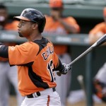 Baltimore Orioles infielder Alexi Casilla watches his hit during a baseball spring training intra squad game Thursday, Feb. 21, 2013, in Sarasota, Fla. (AP Photo/Charlie Neibergall)
