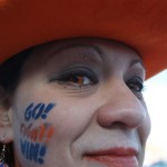 Denver Broncos fan Antasia Amador, of Denver, shows off her orange-colored eyes as part of her support for the team as they face the New England Patriots at the AFC Championship NFL football game in Denver, Sunday, Jan. 19, 2014. (AP Photo/David Zalubowski)
