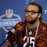 Southern California offensive lineman Khaled Holmes answers a question during a news conference at the NFL football scouting combine in Indianapolis, Thursday, Feb. 21, 2013. (AP Photo/Michael Conroy)