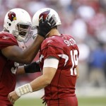 Arizona Cardinals' John Skelton (19) celebrates a Cardinals touchdown against the San Francisco 49ers with teammate Calais Campbell during the second quarter in an NFL football game, Sunday, Dec. 11, 2011, in Glendale, Ariz.(AP Photo/Paul Connors)