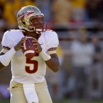 Florida State quarterback Jameis Winston (5) looks down field for an open receiver during the first half of an NCAA college football game against the Boston College in Boston, Mass., Saturday, Sept. 28, 2013. (AP Photo/Stephan Savoia)