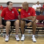 USA Basketball men's national team coach Mike Krzyzewski, left, talks with assistant coach Monty Williams at the end of USA mini camp practice, Monday, July 22, 2013, in Las Vegas. After leading Team USA to two straight Olympic gold medals, Krzyzewski will return to lead the Americans at the Rio Olympics in 2016 and will join Henry Iba as the only coaches in U.S. history to coach in three Olympics. (AP Photo/Julie Jacobson)