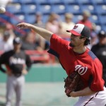 Washington Nationals pitcher Dan Haren throws during the first inning of an exhibition spring training baseball game against the Miami Marlins Wednesday, Feb. 27, 2013, in Viera, Fla. (AP Photo/David J. Phillip)