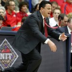  Arizona's head coach Sean Miller isn't happy with the play of his team in the first half against Rhode Island of an college NCAA basketball game, Tuesday, Nov. 19, 2013 in Tucson, Ariz. This is in the second round of the NIT. (AP Photo/John Miller) 