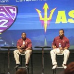 Arizona State head coach Todd Graham, left, 
running back Cameron Marshall, center and 
linebacker Brandon Magee take questions at the 
Pac-12 NCAA college football media day in Los 
Angeles Tuesday, July 24, 2012. (AP 
Photo/Damian Dovarganes)