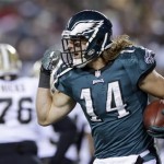Philadelphia Eagles' Riley Cooper celebrates after scoring a touchdown during the first half of an NFL wild-card playoff football game against the New Orleans Saints, Saturday, Jan. 4, 2014, in Philadelphia. (AP Photo/Michael Perez)