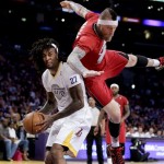  Miami Heat forward Chris Andersen, right, fouls Los Angeles Lakers center Jordan Hill during the first half of an NBA basketball game in Los Angeles, Wednesday, Dec. 25, 2013. (AP Photo/Chris Carlson)