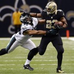 New Orleans Saints running back Pierre Thomas (23) carries against Philadelphia Eagles outside linebacker Mychal Kendricks (95) during the second half of an NFL football game at Mercedes-Benz Superdome in New Orleans, Monday, Nov. 5, 2012. (AP Photo/Bill Feig)