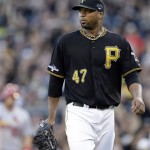 Pittsburgh Pirates starting pitcher Francisco Liriano leaves the mound after getting the third out of the third inning when St. Louis Cardinals' Matt Holliday lined out to left field with two runners on-base in Game 3 of a National League division baseball series on Sunday, Oct. 6, 2013, in Pittsburgh. (AP Photo/Gene J. Puskar)
