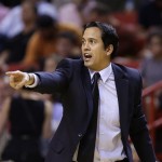  Miami Heat head coach Erik Spoelstra shouts during the first half of an NBA basketball game against the Phoenix Suns, Monday, Nov. 25, 2013, in Miami. (AP Photo/Lynne Sladky)