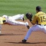 Pittsburgh Pirates second baseman Clint Robinson, left, flips the ball to shortstop Chase d'Arnaud (15) for a force out at second base during a spring training intrasquad baseball game, Friday, Feb. 22, 2013, in Bradenton, Fla. (AP Photo/Charlie Neibergall)
