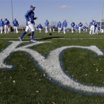 Players for the Kansas City Royals warm up for a baseball spring training session Thursday, Feb. 21, 2013, in Surprise, Ariz. (AP Photo/Charlie Riedel)