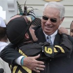 Jockey Gary Stevens, left, embraces trainer D. Wayne Lukas in the winner's circle after Oxbow won the 138th Preakness Stakes horse race at Pimlico Race Course, Saturday, May 18, 2013, in Baltimore. (AP Photo/Garry Jones)
