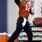 New England Patriots quarterback Tom Brady throws during practice on Thursday, Feb. 2, 2012, in Indianapolis. The Patriots are scheduled to face the New York Giants in NFL football Super Bowl XLVI on Feb. 5. (AP Photo/Mark Humphrey)