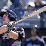 San Diego Padres' Jedd Gyorko watches the flight of his grand slam during an exhibition spring training baseball game against the Seattle Mariners Friday, Feb. 22, 2013, in Peoria, Ariz. (AP Photo/Charlie Riedel)