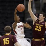 Stanford's Chasson Randle (5), looks to pass against Arizona State's Ruslan Pateev during the first half of an NCAA college basketball game at the Pac-12 Conference tournament in Los Angeles, Wednesday, March 7, 2012. (AP Photo/Jae C. Hong)