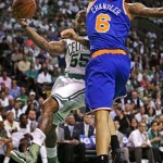 New York Knicks center Tyson Chandler, right, leaps as he tries to block a shot by Boston Celtics guard Terrence Williams (55) during the first quarter in Game 6 of their first-round NBA basketball playoff series in Boston, Friday, May 3, 2013. (AP Photo/Charles Krupa)