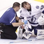 Tampa Bay Lightning goalie Dwayne Roloson, right, is looked after by the team's trainer after he lay motionless in the net against the Phoenix Coyotes in the third period of an NHL hockey game on Saturday, Jan. 21, 2012, in Glendale, Ariz. The Lightning won 4-3. (AP Photo/Paul Connors)
