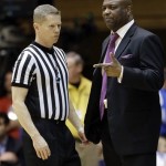 Florida State coach Leonard Hamilton speaks with an official during the second half of an NCAA college basketball game against Duke in Durham, N.C., Saturday, Jan. 25, 2014. Duke won 78-56. (AP Photo/Gerry Broome)