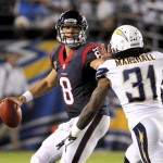  Houston Texans quarterback Matt Schaub throws under pressure by San Diego Chargers defensive back Richard Marshall during the second half of an NFL football game Monday, Sept. 9, 2013, in San Diego. (AP Photo/Denis Poroy)