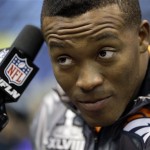 Denver Broncos' Demaryius Thomas listens to a question during media day for the NFL Super Bowl XLVIII football game Tuesday, Jan. 28, 2014, in Newark, N.J. (AP Photo/Mark Humphrey)