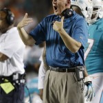 Miami Dolphins coach Joe Philbin shoutsto his team during the first half of an NFL football game against the Cincinnati Bengals, Thursday, Oct. 31, 2013, in Miami Gardens, Fla. (AP Photo/Wilfredo Lee)