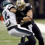 New Orleans Saints tight end Jimmy Graham (80) pulls in a reception as Philadelphia Eagles free safety Kurt Coleman (42) tries to strip the ball during the first half of an NFL football game at Mercedes-Benz Superdome in New Orleans, Monday, Nov. 5, 2012. (AP Photo/Bill Feig)