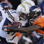 Denver Broncos defensive end Shaun Phillips (90) sacks San Diego Chargers quarterback Philip Rivers (17) in the first quarter of an NFL AFC division playoff football game, Sunday, Jan. 12, 2014, in Denver. (AP Photo/Joe Mahoney)