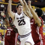 Arizona State center Ruslan Pateev, of Russia, hauls in a rebound 
between Washington State forward D.J. Shelton, left, and guard 
DaVonte Lacy, right, in the second half on an NCAA college basketball 
game, Saturday, Jan. 28, 2012, in Tempe, Ariz. Arizona State won 71-
67. (AP Photo/Paul Connors)