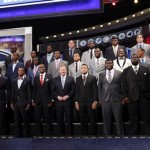 The top NFL football draft prospects pose for a group photo with Commissioner Roger Goodell, front row center, before the first round, Thursday, April 25, 2013, at Radio City Music Hall in New York. (AP Photo/Jason DeCrow)