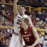 Washington State forward Brock Motum front, of Australia, has his 
path to the basket blocked by Arizona State center Ruslan Pateev, rear, 
of Russia, in the first half on an NCAA college basketball game on 
Saturday, Jan. 28, 2012, in Tempe, Ariz. (AP Photo/Paul Connors)