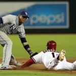 Tampa Bay Rays shortstop Yunel Escobar, left, tags out Arizona Diamondbacks Didi Gregorius (1) trying to steal second base in the fourth inning of a baseball game on Tuesday, Aug. 6, 2013, in Phoenix. (AP Photo/Rick Scuteri)
