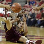  Arizona State's Egor Koulechov, of Russia, passes the ball from the floor during the first half of an NCAA college basketball game against UNLV on Tuesday, Nov. 19, 2013, in Las Vegas. (AP Photo/Isaac Brekken)