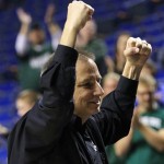 Colorado State head coach Larry Eustachy pumps his fists as he leaves the court after defeating Missouri 84-72 in a during the first second-round NCAA college basketball tournament game Thursday, March 21, 2013, in Lexington, Ky. (AP Photo/James Crisp)