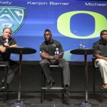 Oregon State coach Mike Riley, left, wide 
receiver Markus Wheaton, center, and cornerback 
Jordan Poyer take questions at the Pac-12 
football media day in Los Angeles on Tuesday, 
July 24, 2012. (AP Photo/Damian Dovarganes)