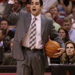 Portland Trailblazers head coach Kaleb Canales yells to his team against the Phoenix Suns during the first half of an NBA basketball game, Monday, April 16, 2012, in Phoenix. (AP Photo/Matt York)