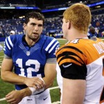  Indianapolis Colts quarterback Andrew Luck, left, meets with Cincinnati Bengals quarterback Andy Dalton following an NFL preseason football game in Indianapolis, Thursday, Aug. 30, 2012. The Colts 20-16. (AP Photo/AJ Mast)