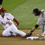 San Francisco Giants' Brandon Crawford (35) tags out St. Louis Cardinals' Pete Kozma (38) as he is caught stealing second during the second inning of Game 4 of baseball's National League championship series Thursday, Oct. 18, 2012, in St. Louis. (AP Photo/Mark Humphrey)
