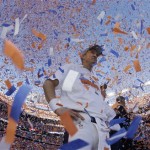  Denver Broncos quarterback Peyton Manning is engulfed in confetti during the trophy ceremony after the AFC Championship NFL playoff football game in Denver, Sunday, Jan. 19, 2014. The Broncos defeated the Patriots 26-16 to advance to the Super Bowl. (AP Photo/Charlie Riedel)