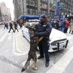  New York City Police K9 officer Kirk Boone gets some love from his police dog Kato, as they keep watch on crowds attending Super Bowl attractions on Broadway, Friday, Jan. 31, 2014 in New York. Security was tight in the area as the day nears when the Seattle Seahawks will play the Broncos Sunday in the NFL Super Bowl XLVIII football game in East Rutherford, N.J. (AP Photo/Ted S. Warren)
