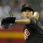 Arizona Diamondbacks starting pitcher Randall Delgado (48) throws in the first inning during a baseball game against the Los Angeles Dodgers on Monday, July 8, 2013, in Phoenix. (AP Photo/Rick Scuteri)