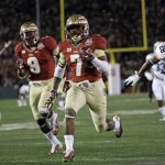  Florida State's Levonte Whitfield (7) runs back a kickoff for a touchdown during the second half of the NCAA BCS National Championship college football game against Auburn Monday, Jan. 6, 2014, in Pasadena, Calif. (AP Photo/David J. Phillip)