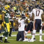 Chicago Bears' Brandon Marshall celebrates after a touchdown reception during the first half of an NFL football game against the Green Bay Packers Monday, Nov. 4, 2013, in Green Bay, Wis. (AP Photo/Jeffrey Phelps)