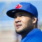 Toronto Blue Jays outfielder Melky Cabrera watches batting practice during baseball spring training in Dunedin, Fla., on Saturday, Feb. 16, 2013. (AP Photo/The Canadian Press, Nathan Denette)
