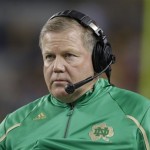 Notre Dame coach Brian Kelly watches from the sidelines during the first half of an NCAA college football game against Arizona State on Saturday, Oct. 5, 2013, in Arlington, Texas. (AP Photo/LM Otero)