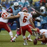 Kansas City Chiefs kicker Ryan Succop (6) boots a 48-yard field goal to seal a 26-17 win over the Tennessee Titans in the final minutes of the fourth quarter of an NFL football game on Sunday, Oct. 6, 2013, in Nashville, Tenn. Chiefs' Dustin Colquitt (2) holds. (AP Photo/Mark Zaleski)