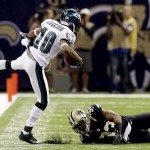 Philadelphia Eagles wide receiver DeSean Jackson (10) is knocked out of bounds by New Orleans Saints cornerback Jabari Greer (33) during the first half of an NFL football game at Mercedes-Benz Superdome in New Orleans, Monday, Nov. 5, 2012. (AP Photo/Bill Haber)
